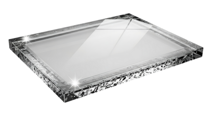 Rectangular slab of clear polished crystal or thick glass with a rough textured metalliclooking base on a stark for design elements on transparent background