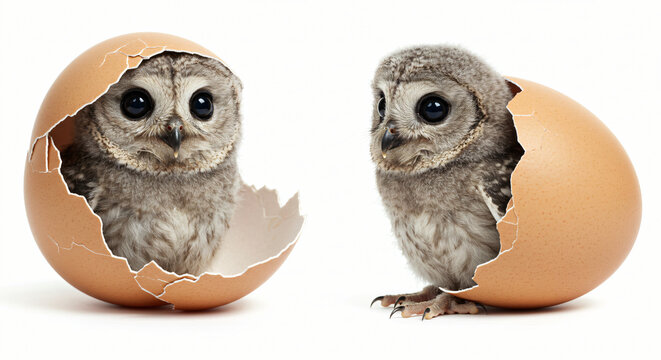 Adorable owlets hatching from cracked eggshells, symbolizing new life and fresh beginnings in a pristine, bright white studio setting