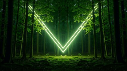 Captivating neon green light portal in a mystical forest, ethereal glowing woods.