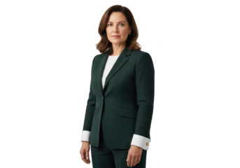 Businesswoman wearing a dark green suit standing isolated on transparent background