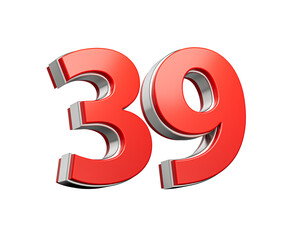 Bold Vibrant Red Number Thirty nine Number 39 With Metallic On White Background 3D Illustration