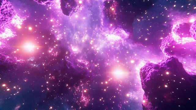 Colorful nebula glowing with distant stars and asteroids