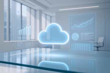 Cloud-based Data in Modern Office: A futuristic concept showcases a glowing cloud icon overlaid on a transparent surface, surrounded by digital charts.