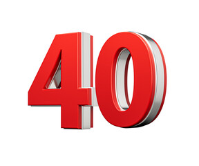 Bold Vibrant Red Number Forty Number 40 With Metallic On White Background 3D Illustration