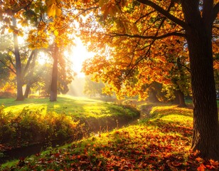 Sunny autumn scene of park with creek, vibrant foliage and trees