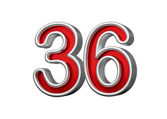 Vibrant Red Number Thirty six 36 With Metallic Gleam And Beveled Edges, 3D Illustration