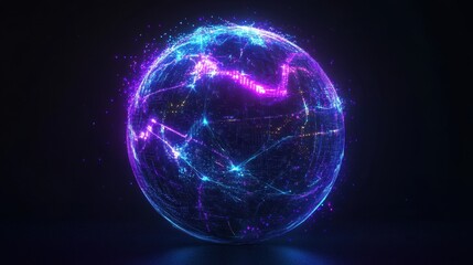 Glowing digital sphere with purple and blue light trails on dark background symbolizing global network and data flow