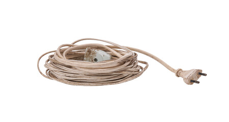 Grungy coiled white electric cord with plug, isolated