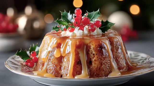 Festive Christmas Pudding Caramel Drizzle Red Berries