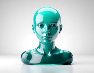 Glossy teal 3D bust with smooth stylized features—futuristic human form on light gradient background.