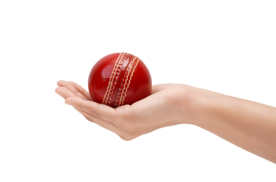 Hand holding a traditional red leather cricket ball, isolated - Powered by Adobe