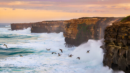 Dramatic coastal cliffs with crashing waves and flying seabirds at golden hour