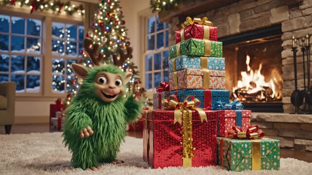 A whimsical green creature with antlers curiously approaches a stack of colorful Christmas gifts by the fireplace in a cozy holiday setting
