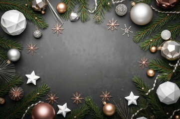 Sophisticated flat lay with rose gold, silver, and geometric ornaments on a charcoal background, framed by dark green pine branches. copy space