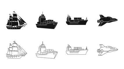 Variety of transportation vehicles ships boats and spacecraft in silhouette styles