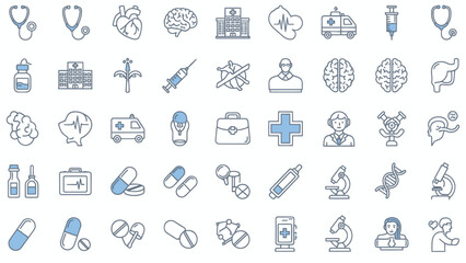 Obraz premium Modern medical and healthcare vector icon collection, ideal for digital asset design, featuring essential hospital, science, and wellness symbols for various applications
