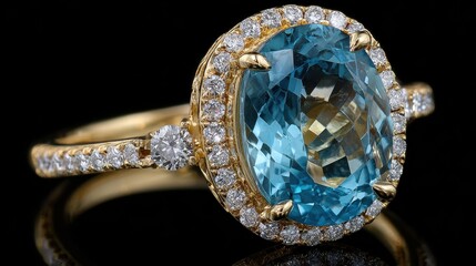 Fototapeta premium Close Up of a Gold Ring with a Large Blue Gemstone and Diamond Halo on Black Background