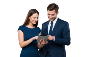 Two business people discussing on tablet isolated on transparent background