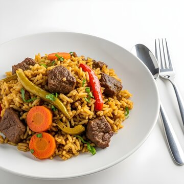 Ceebu Yapp Close-Up with Tender Beef and Fluffy Rice on White Plate