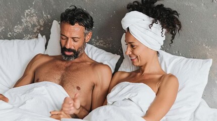 Younger woman and her middle-aged sophisticated lover: she is happy after sex
