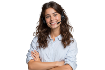 Smiling customer service representative with arms crossed, isolated on transparent background