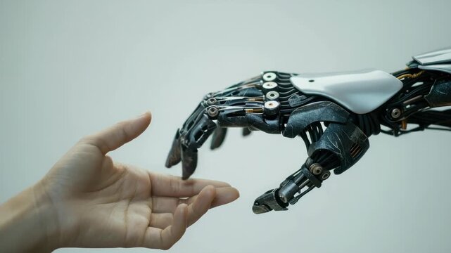 Human hand about to touch robotic hand, symbolizing human-robot interaction