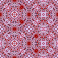 Seamless pattern for continuous replicate. Floral background, photo collage for production of textile, cotton fabric. For use in wallpaper, covers. Mandala drawing in oriental style. Yin-Yang symbol.