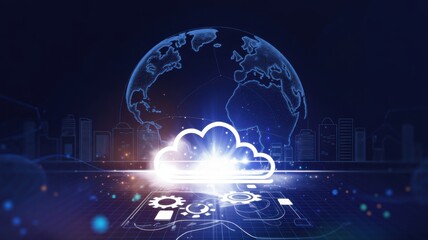 Cloud Data Integration: A visual representation of global data connectivity. A bright cloud shines as the core of it.