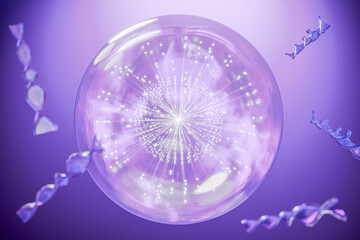 DNA Abstract 3d polygonal DNA molecule chemistry biology or gene cell concept violet blur background 3D render