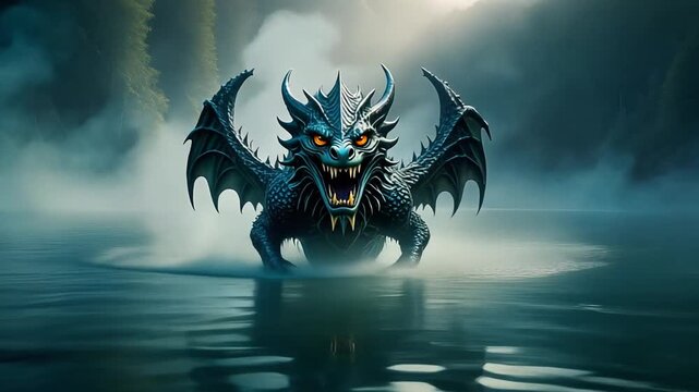 A mythical creature emerging from a misty lake