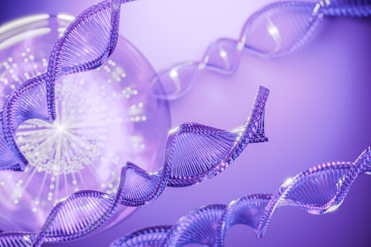 DNA Abstract 3d polygonal DNA molecule chemistry biology or gene cell concept violet blur background 3D render