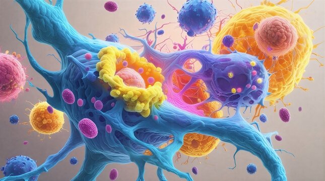 Abstract Immunotherapy Concept: Immune Cells Interacting with Tumor Cells. Ideal for visualizing immunotherapy, oncology research, cellular biology, and medical advancements in fighting disease.