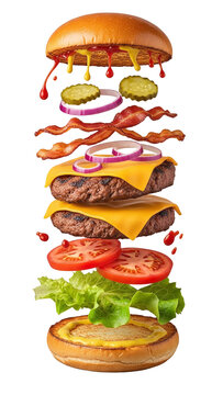 Delicious double cheeseburger with bacon and fresh toppings exploding in mid-air