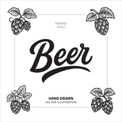 Beer. Composition with bold script lettering Beer and detailed hop illustrations set. Classic design for brewing and bar themes. Ideal for beer labels, brewery logos, and packaging.