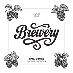 Vintage brewery composition with bold script lettering and detailed hop illustrations. Classic design for beer and brewing themes. Perfect for brewery labels, logos, and packaging.