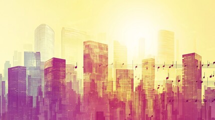 City Skyline Structure Abstractly Constructed From Modular Notes and Building Fragments In Perspective Over a Soft Yellow Gradient