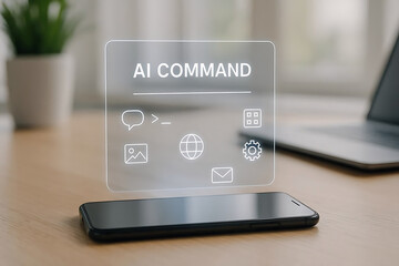 AI Command on a Mobile Phone: A futuristic concept where AI COMMAND hovers above a smartphone. This represents the power of artificial intelligence in everyday tech.