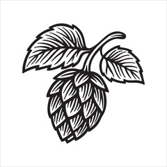 Vintage hand-drawn vector illustration of a hop cone with leaves and bold engraving lines. Hop symbol for beer, brewing, and craft ale themes. Ideal for brewery logos, labels, packaging. 