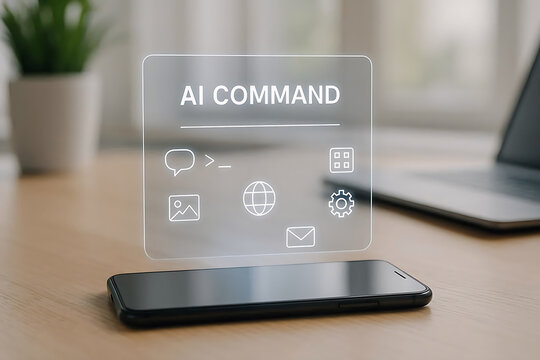 AI Command on a Mobile Phone: A futuristic concept where AI COMMAND hovers above a smartphone. This represents the power of artificial intelligence in everyday tech. - Powered by Adobe
