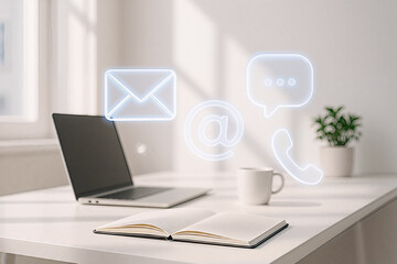 Fototapeta premium Digital Communication Workspace: A modern workstation showcasing essential digital communication icons hovering around a laptop, mug, and open notebook, symbolizing connectivity and interaction.