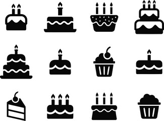 birthday, cake, icon, celebration, dessert, sweet, party, anniversary, treat, candle, cupcake, slice, tiered, frosting, baked, food, graphic, design, symbol, simple, silhouette, black and white, colle