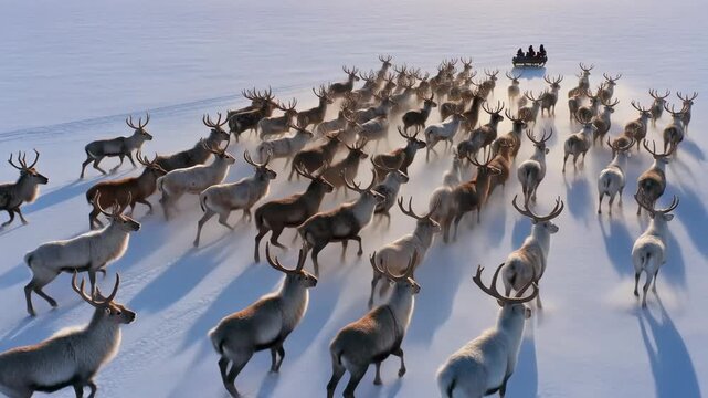 Aerial drone view of a large herd of reindeer moving across a vast snowy landscape with a sleigh carrying people in the distance during a bright winter day