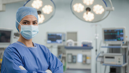 A skilled surgeon stands confidently in a state-of-the-art operating room, ready to perform a critical procedure. She exudes professionalism and expertise.