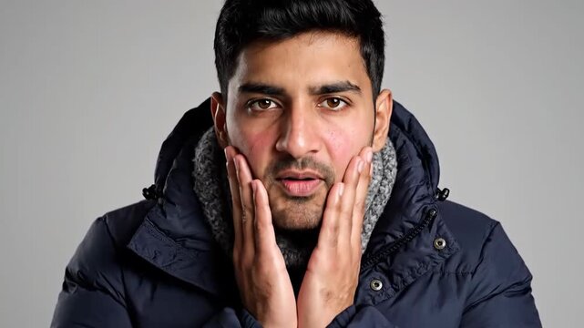 A Person Expressing Various Emotions in Winter Clothing Posing Against Gray Background
