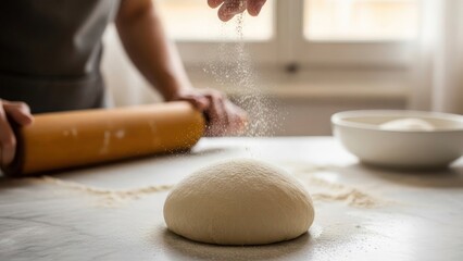 A person's hands sprinkling flour over a ball of dough on a marble counter with a rolling pin, preparing to bake.