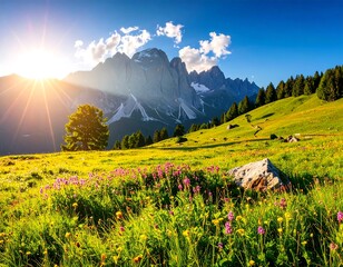 Sunny landscape of vibrant meadow, mountains, and bright blue sky