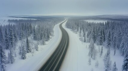Aerial drone view of a winding asphalt road through a snow-covered boreal forest under a hazy winter sky showcasing vast wilderness and remote travel - Powered by Adobe