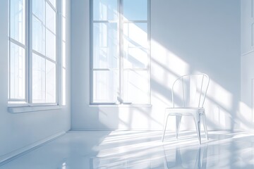 Obraz premium Bright White Room With Large Windows And Sunlight Streaming Onto A Chair