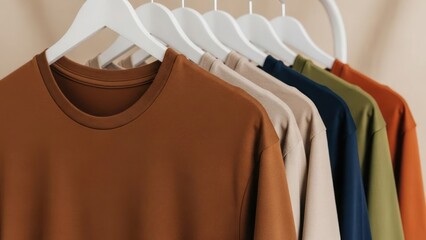A row of plain long-sleeved t-shirts in various earthy colors hanging neatly on white hangers on a clothing rack.