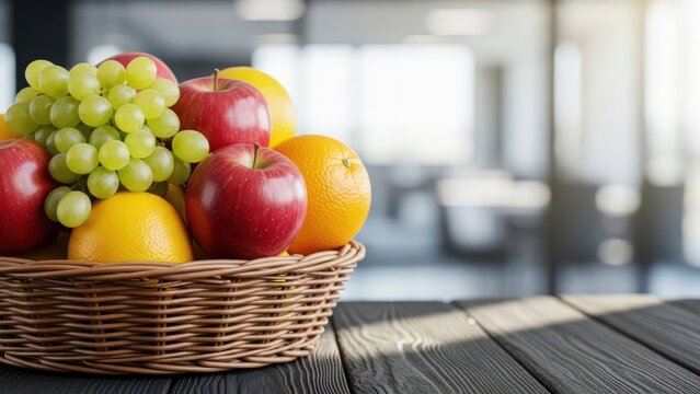 Fresh fruit basket on a wooden table with apples, grapes, and oranges in a cozy indoor setting with natural light